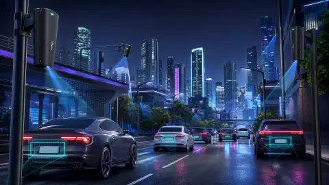 Uma ilustração de uma cidade futurista com diversas câmeras ALPR da Flock Safety montadas em postes e edifícios, capturando veículos que passam. A cena apresenta um fundo escuro com cores vibrantes e brilhantes.