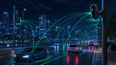 Uma escura interseção de rua iluminada por uma câmera de vigilância montada em um poste, com dados de placas veiculares sobrepostos nos carros que passam.