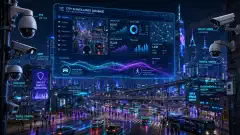 A futuristic cityscape at night with various surveillance cameras and a holographic display of movement data above the streets, illuminated by vibrant neon lights in blues and greens.