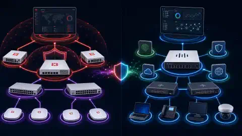 Uma ilustração mostrando duas arquiteturas de segurança de rede. À esquerda, os componentes da Fortinet como firewalls FortiGate e FortiSwitch estão interconectados. À direita, as soluções da Cisco como Secure Firewall e switches Catalyst são representadas, tudo sobre um fundo escuro.