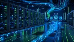 Data center futurista com racks densos de servidores, caminhos de rede luminosos e atmosfera técnica azul-escura