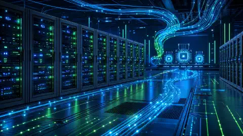 Data center futurista com racks densos de servidores, caminhos de rede luminosos e atmosfera técnica azul-escura