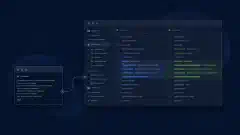 Prompt de terminal ligado a uma seleção do editor e a uma diferença visual em um espaço de programação azul e verde