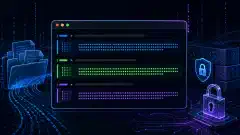 Uma ilustração de um terminal Linux futurista exibindo saídas de comandos de hash, cercado por arquivos abstratos e símbolos digitais em um fundo escuro, com acentos vibrantes em azul, verde e roxo.