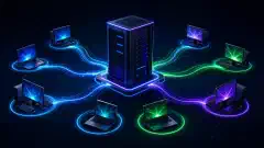 Um servidor futurista cercado por computadores clientes brilhantes, ilustrando a ativação KMS em um ambiente escuro com cores vibrantes. A cena enfatiza a conectividade digital e a tecnologia moderna.