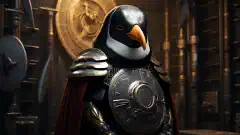 Uma arte simbólica mostrando um pinguim guerreiro protegido defendendo um servidor seguro.