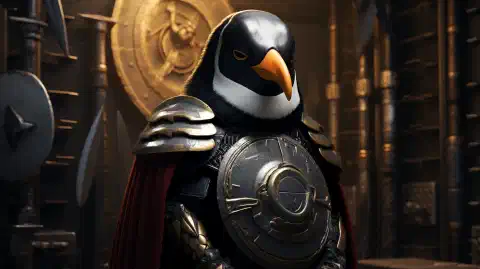Uma arte simbólica mostrando um pinguim guerreiro protegido defendendo um servidor seguro.
