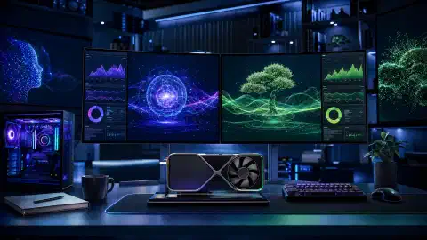 Uma workstation mostrando escolhas de modelos de IA locais, uso de memória da GPU e janelas de contexto de agentes de programação