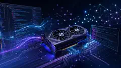 Ilustração de um ambiente local de programação com IA, com uma GPU NVIDIA RTX 4060 Ti cercada por fluxos de dados luminosos e trechos de código sobre um fundo escuro.