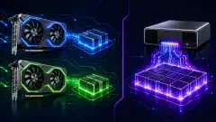 Ilustração com duas placas gráficas NVIDIA RTX 5060 Ti à esquerda e um sistema NVIDIA GB10 à direita, ambos destacados contra um fundo escuro com cores vibrantes.