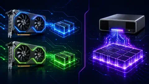 Ilustração com duas placas gráficas NVIDIA RTX 5060 Ti à esquerda e um sistema NVIDIA GB10 à direita, ambos destacados contra um fundo escuro com cores vibrantes.