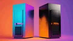 Um par de servidores frente a frente. Cores combinando com os temas do Plex, preto e laranja, e Jellyfin, azul claro e roxo.