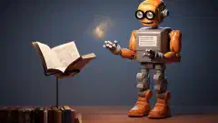 Um robô simplificado e amigável explicando acrônimos tecnológicos a um iniciante com entusiasmo.