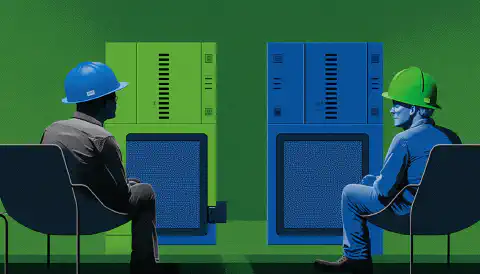 Dois servidores um de frente para o outro, um azul e outro verde. No lado azul, uma pessoa está usando um capacete e colete de segurança. Do lado verde uma pessoa sentada no sofá.