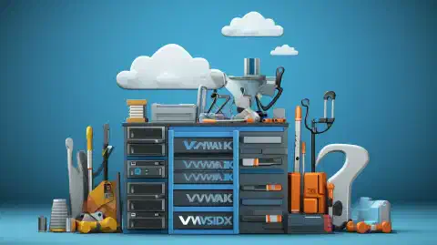 Uma torre de servidor de computador, uma nuvem e uma caixa de ferramentas simbolizando as opções VMware ESXi, Citrix XenServer e Hyper-V.