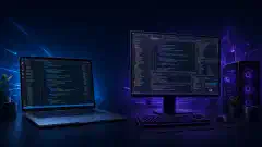 Uma ilustração mostrando um laptop com Visual Studio Code à esquerda e um desktop com Visual Studio à direita, sobre um fundo escuro. O lado esquerdo apresenta trechos de código coloridos, enquanto o direito exibe projetos de codificação complexos.